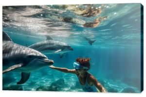 Little girl touching a dolphin underwater