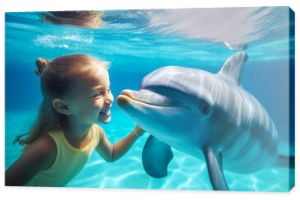 Adorable little girl swimming with dolphin and petting him on summer holidays with family, tropical animal sightseeing destination