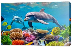 Dolphins with group of colorful fishes and marine animals with colorful corals underwater in the ocean. Generative AI