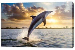 dolphin jumping in the water at sunset