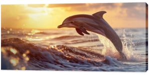 beautiful dolphin jumped from the ocean at the sunset time. Copy space image. Place for adding text