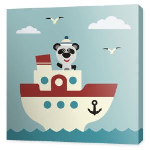 Śmieszna panda żeglarz na mostku statku. Ikona podróży morskiej.