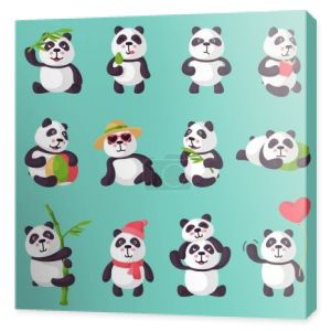 Panda wektor bearcat lub chiński Miś z bambusa w miłości gry lub spanie zestaw ilustracji pandy, czytając książkę lub jedzenie lodów na białym tle na tle