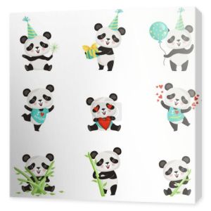 Płaskie wektor zestaw funny little panda w różnych sytuacjach. Postać z kreskówki Ładna bambus niedźwiedzia. Wydrukować projekt graficzny, dla dzieci, naklejki lub urodziny pocztówka