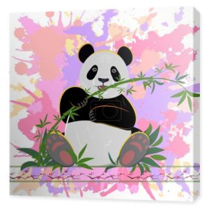 Wesoła panda siedzi na trawie i je bambus na tle różowych plamek w akwarelowym stylu. Projektowanie bluz, t-shirtów, toreb, opakowań, zeszytów