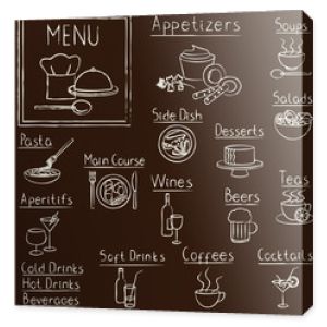 Ręcznie rysowane elementy projektowania menu restauracji na tablicy