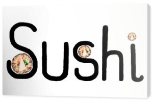 Świeże rolki sushi quinoa i napis &quot Sushi&quot  na białym tle.