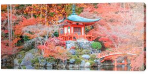 Liście zmieniają kolor na czerwony w świątyni w Japonii.