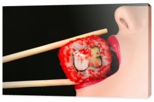seksowna dziewczyna je sushi roll, zmysłowe czerwone usta