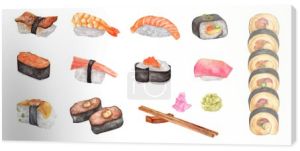 Akwarelowy zestaw sushi izolowany na białym tle. Ręcznie rysowane ilustracje żywności.