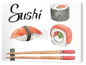 Cute zestaw z japońskim tematem w stylu akwarela. Akwarelowe sushi. Japońskie elementy, talizmany szczęścia. Na białym tle