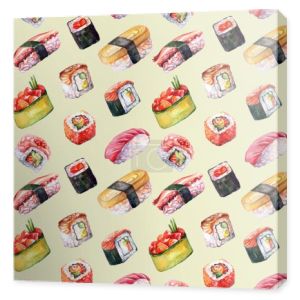 Płynny wzór japońskiej kuchni sushi i bułki, ilustracja akwarela. Podłoże sushi. Do projektowania sushi restauracja menu, karty, druk, wystrój, design, tapety, marketing, papier