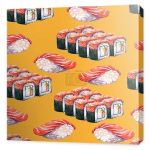 Płynny wzór japońskiej kuchni sushi i bułki zestaw, ilustracja akwarela. Podłoże sushi. Do projektowania sushi restauracja menu, karty, druk, wystrój, design, tapety, marketing, papier