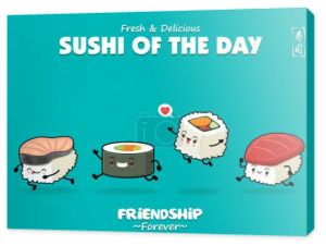 Projekt plakatu Vintage Japoński żywności z wektor Saba, Futomaki, Maguro sushi znaków. Chińskie słowo oznacza sushi.