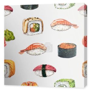 bezszwowy wzór akwarela z sushi rolki, nigiri, krewetki gunkan, tuńczyk, wasabi na lekkim tle