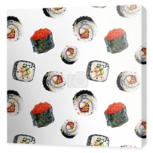 Dłoń akwarela ciągnione sushi na białym tle wzór.