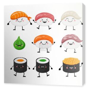 Sushi kreskówka zestaw znaków. Kawaii sushi. Wektor ilustracja na białym tle.