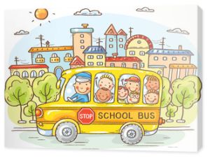 Autobus szkolny z szczęśliwymi dziećmi w mieście