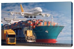 Transport i logistyka kontenerowego statku towarowego i samolotu towarowego. 3d renderowanie i ilustracja.