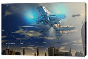 Statek kosmiczny UFO i miasto