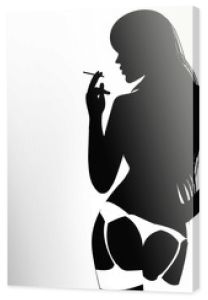 Sylwetka młodej kobiety w bieliźnie pali papierosa. Ilustracja wektorowa