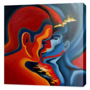 Pocałunek, abstrakcja niebiesko-czerwona, obraz olejny na płótnie