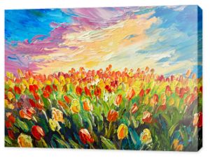 obraz olejny, tulipany na tle pięknego wschodu słońca, sztuka impresjonizmu