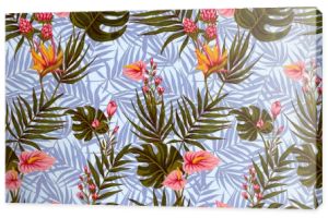 Płynny wzór pomalowanych na gwasz liści hawajskich ziół i drzew. Trendujące tło botaniczne z roślinami tropikalnymi