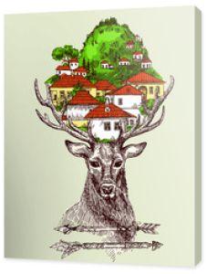 Ilustracja jelenia i domy.