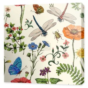 Lato wektor wzór. Botaniczny tapeta. Rośliny, owady, kwiaty w stylu vintage. Motyle, ważki, chrząszcze i rośliny w stylu Prowansji na jasnym tle