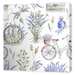 Akwarele realistyczne ilustracje. Kwiatowy wzór. Provence. Retro rower, lawenda drewniane