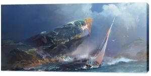 malowany pejzaż morski, burza i jacht