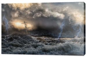 Sylwetka żeglującego starego statku w wzburzonym morzu z piorunami i niesamowitymi falami i dramatycznym niebem. Kolaż w stylu malarzy marynistycznych, takich jak Aiwazowski.