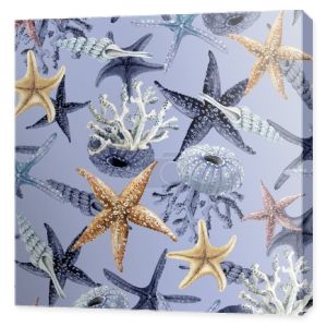 wzór z ornamentem z rysunków w stylu żeglarskim na niebieskim tle, ręcznie malowane śluby morskie mięczaki i koralowce zbliżenie