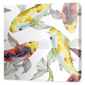 Wodne podwodne kolorowe tropikalne Goldfish zestaw. Akwarela zestaw ilustracji tła. Płynny wzór tła.