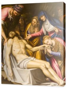 Mediolan (Mediolan), Włochy. 25 listopada 2017 r. Zwłoki Jezusa Chrystusa okrywane są i składane do grobu podczas opłakiwania Najświętszej Maryi Panny, Marii Magdaleny i innych. Kościół San Fedele w Mediolanie.
