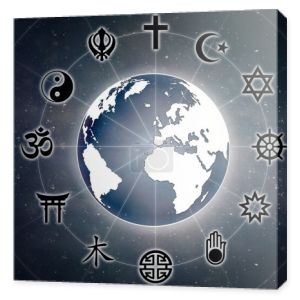 Reprezentacja kuli ziemskiej z najbardziej reprezentatywnymi symbolami religijnymi i tłem wszechświata z gwiazdami.