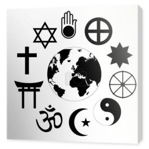 Religie świata religie planety Ziemia/Natura Kwiat świata - kwiat ikona wykonana z symboli religijnych i planety ziemi w centrum.