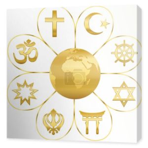 Religie świata Wielka na złoty kwiat z planety ziemi w centrum. Oznaki głównych grup religijnych i religii. Chrześcijaństwo, Islam, hinduizm, Buddyzm, taoizm, Sinto, sikhizm i judaizm.