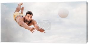 przystojny, młody człowiek, skoki na piłkę podczas gry w siatkówkę plażową przed zachmurzonym niebie