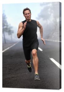 Kolejny człowiek biegacz Sprint treningu na górskiej drodze. Jogging męski model fitness wypracowanie treningu do maratonu na leśnej drodze w niesamowitym krajobrazie przyrody.