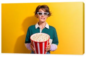Photo of impressed scared lady dressed polo shirt vr eyewear eating pop corn watching film isolated yellow color background