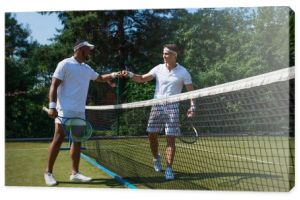 Wesoły wielonarodowy tenisiści robi uderzenie pięścią w pobliżu sieci 