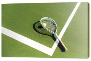 Zamknij widok przekręt tenisa i piłki leżącej na kort tenisowy zielony