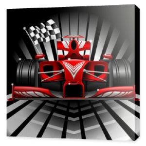 Czerwony samochód wyścigowy Formuły 1 i flaga w szachownicę