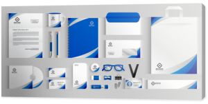 white and blue professional business stationery template in collection