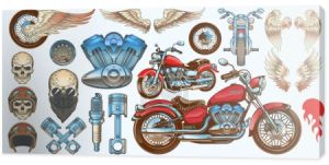 Zestaw ilustracje wektorowe, ikony vintage motocykl w różnych kątów, czaszki, skrzydła