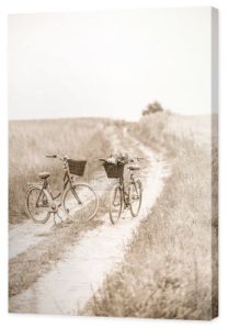 dwa stary styl wyglądające rowery zaparkowane na polnej drodze, sepia.