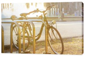 Klasyczny dwukołowy rower zaparkowany na parkingu dla rowerów w parku miejskim w słoneczny dzień o zachodzie słońca przed fontanną. Przyjazny dla środowiska środek transportu dla środowiska miejskiego.