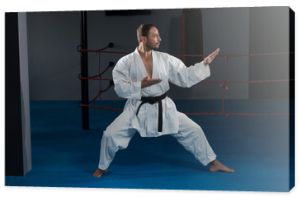 Mężczyzna w białym kimonie i czarnym pasie trenujący karate